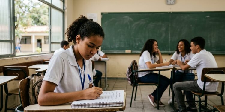 Estudante adolescente concentrado escrevendo em um caderno em sala de aula, com colegas conversando ao fundo