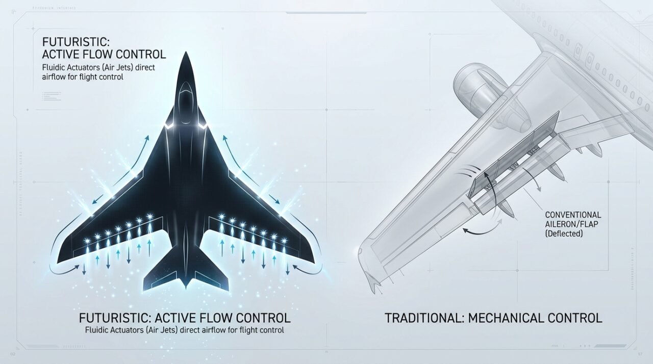 No lugar de flaps que se dobram, o X-65 usa jatos de ar para controlar a direção do voo. (Imagem: Ilustrativa IA)
