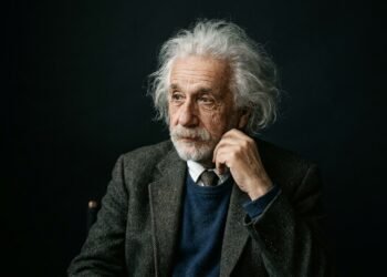 Retrato de Albert Einstein com expressão pensativa, cabelos brancos característicos e vestindo um paletó de tweed.
