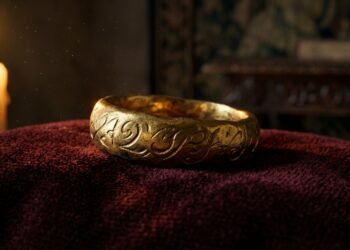 Anel de ouro antigo com inscrição gravada sobre veludo escuro iluminado por luz de velas