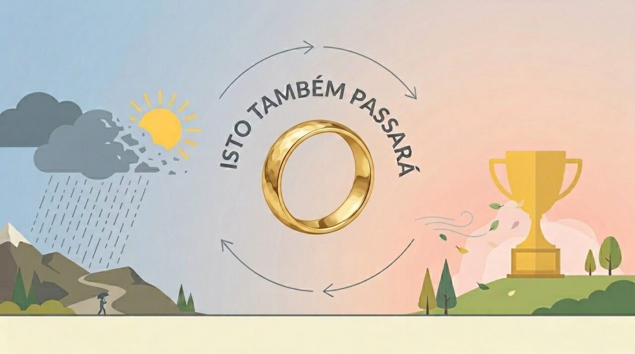 Dois gumes da mesma frase: na tempestade, promessa de fim; no troféu, lembrete de impermanência (Imagem: Ilustrativa IA)
