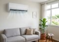Ar-condicionado split inverter branco instalado na parede de uma sala de apartamento moderno e iluminado