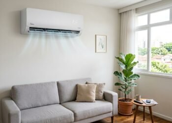 Ar-condicionado split inverter branco instalado na parede de uma sala de apartamento moderno e iluminado