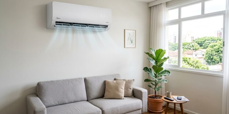 Ar-condicionado split inverter branco instalado na parede de uma sala de apartamento moderno e iluminado