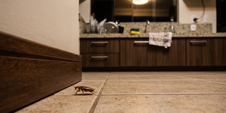 Barata correndo pelo piso de uma cozinha à noite com a luz recém-acesa, próxima ao rodapé.