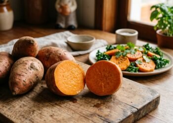 Batatas-doces frescas com casca e uma cortada ao meio sobre tábua de madeira em cozinha iluminada por luz natural.