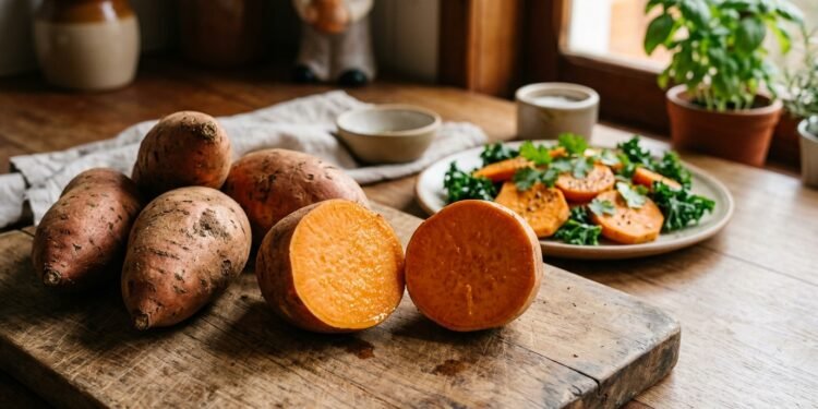 Batatas-doces frescas com casca e uma cortada ao meio sobre tábua de madeira em cozinha iluminada por luz natural.
