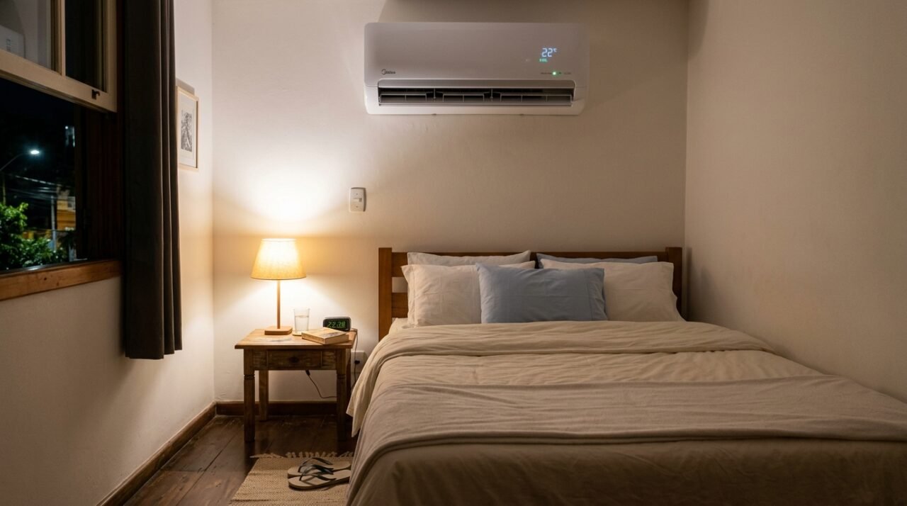 Quarto aconchegante à noite com ar-condicionado split ligado acima da cama e abajur aceso