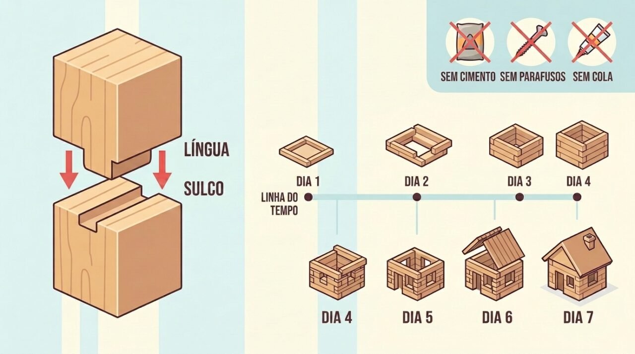 O encaixe de precisão substitui argamassa, parafusos e cola — e o casco da casa fica pronto em uma semana (Imagem: Ilustrativa IA)