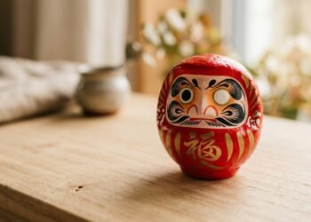 Boneco japonês daruma vermelho sobre superfície de madeira em luz suave