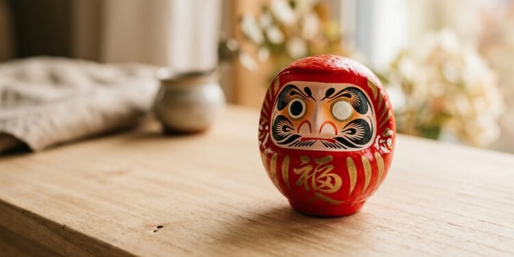 Boneco japonês daruma vermelho sobre superfície de madeira em luz suave