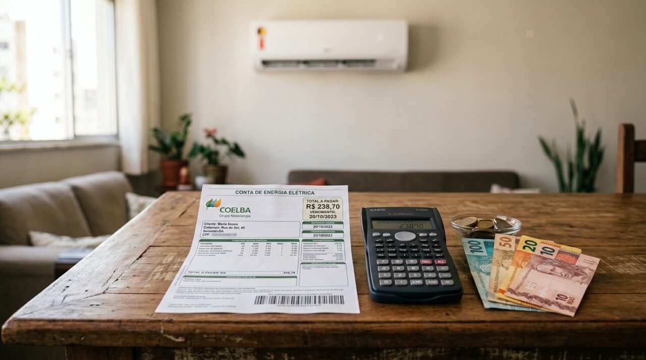 Conta de luz e calculadora sobre mesa de madeira com ar-condicionado split ao fundo da sala