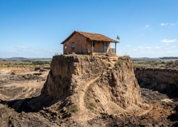 Casa de tijolos isolada no topo de um morro de terra cercada por um vasto fosso de escavação industrial.