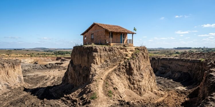 Casa de tijolos isolada no topo de um morro de terra cercada por um vasto fosso de escavação industrial.
