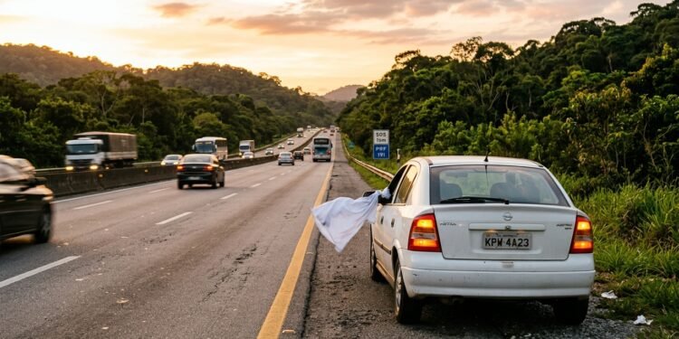 Carro parado no acostamento de rodovia com pano branco amarrado na janela do motorista