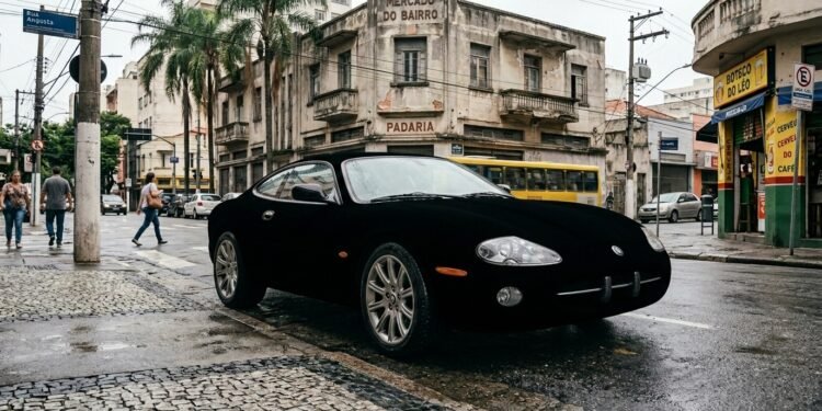 Carro coberto por tinta ultrapreta que não reflete luz, parecendo uma silhueta plana em fundo claro.