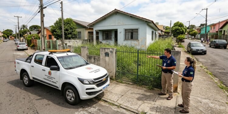 Fiscais da prefeitura inspecionando jardim com grama alta em residência durante operação de fiscalização urbana.