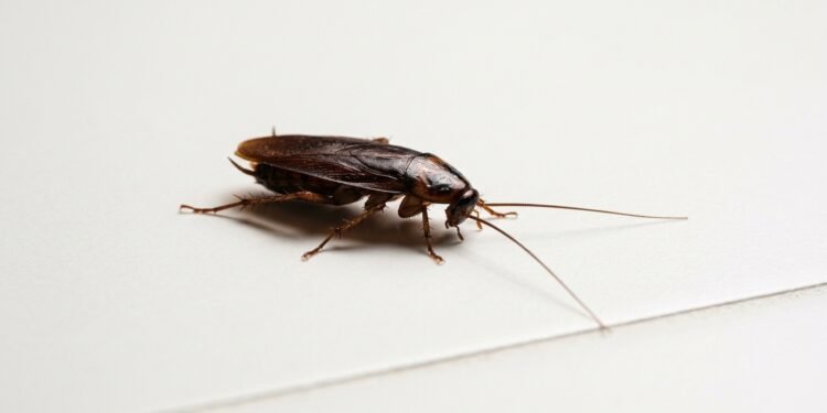 Barata comum sobre um azulejo branco, em close, destacando detalhes anatômicos do inseto.