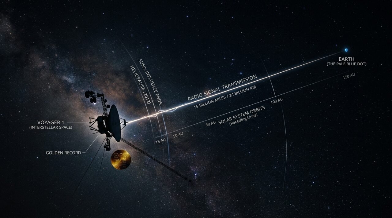Cada sinal entre a Terra e a Voyager 1 leva quase um dia para chegar; presa à sonda viaja o Disco de Ouro. (Imagem: Ilustrativa IA)
