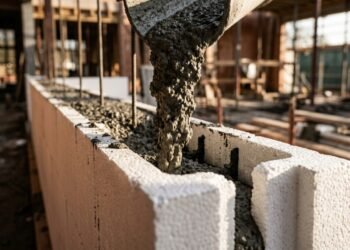 Erguer a fachada usando grandes blocos de isopor