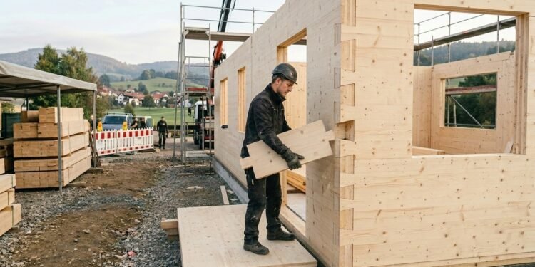 Paredes de casa em construção com blocos de madeira maciça encaixados sem cimento, com trabalhador montando bloco com as mãos