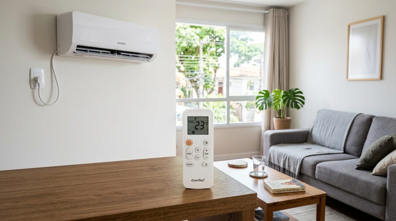 Controle remoto de ar-condicionado marcando 23 graus sobre mesa de centro com aparelho split ao fundo