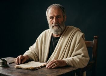 Homem idoso vestido com uma toga romana clássica escrevendo em um pergaminho antigo sentado à mesa.