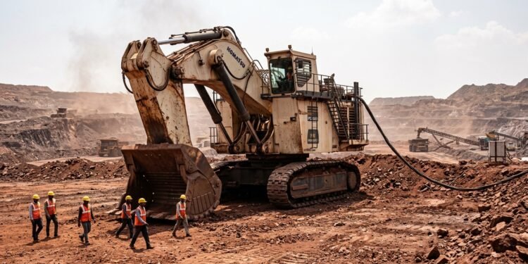 Escavadeira hidráulica gigante de mineração em tons creme conectada a cabo elétrico em mina a céu aberto, com operários ao lado mostrando a escala