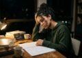 Estudante universitária cansada após horas seguidas no mesmo ambiente de estudo, apoiada sobre livros e cadernos durante a noite