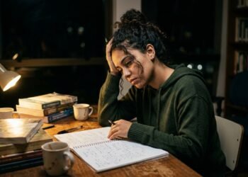 Estudante universitária cansada após horas seguidas no mesmo ambiente de estudo, apoiada sobre livros e cadernos durante a noite