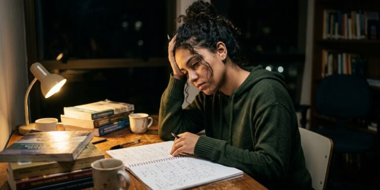 Estudante universitária cansada após horas seguidas no mesmo ambiente de estudo, apoiada sobre livros e cadernos durante a noite
