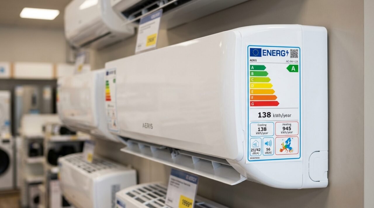 Etiqueta de eficiência energética com classificação A em destaque colada em ar-condicionado split novo
