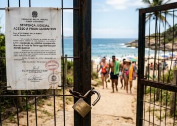 Portão de acesso a praia mantido aberto com documento judicial fixado garantindo a circulação pública.