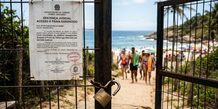 Portão de acesso a praia mantido aberto com documento judicial fixado garantindo a circulação pública.