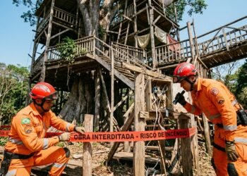 Bombeiros isolando uma grande casa na árvore de madeira com faixa de interdição por risco de incêndio.