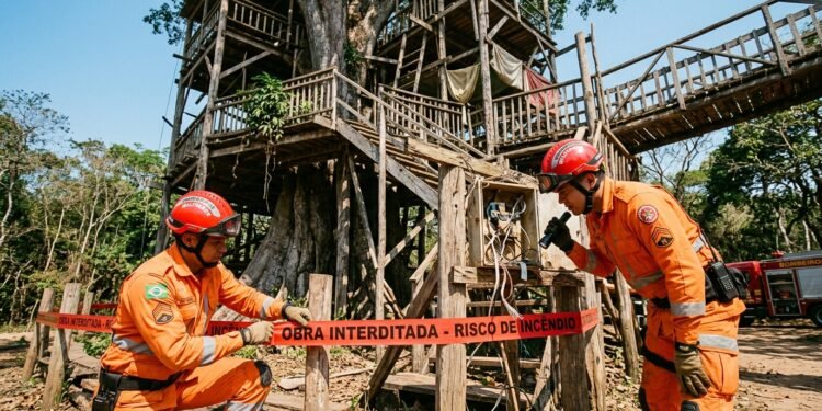 Bombeiros isolando uma grande casa na árvore de madeira com faixa de interdição por risco de incêndio.