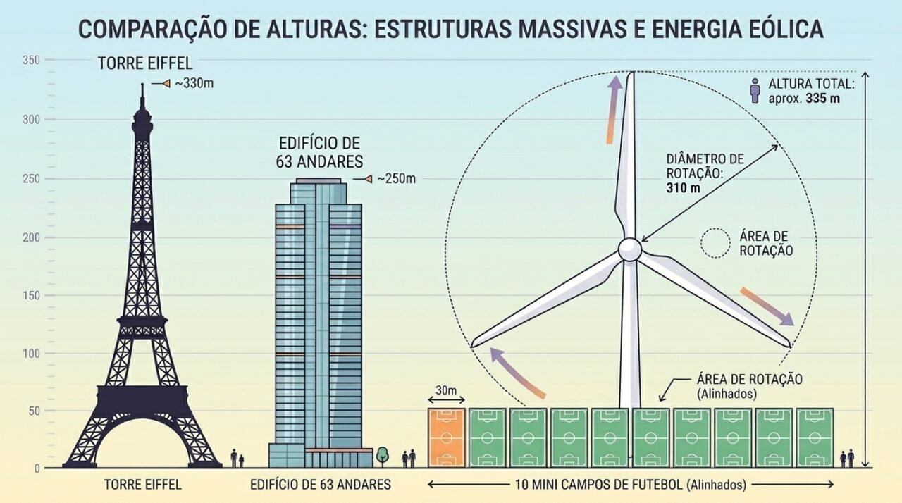 O rotor da turbina chinesa rivaliza com a Torre Eiffel em diâmetro — e o cubo fica à altura de um prédio de 63 andares (Imagem: Ilustrativa IA)