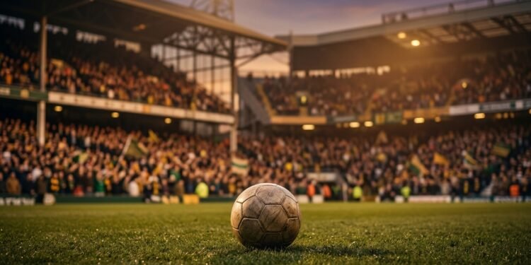 Bola de futebol no gramado de um estádio lotado ao entardecer, em clima de homenagem