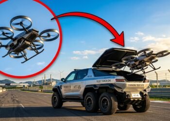 Composição mostrando carro voador de seis rodas com módulo aéreo saindo da traseira e destaque circular do módulo voando