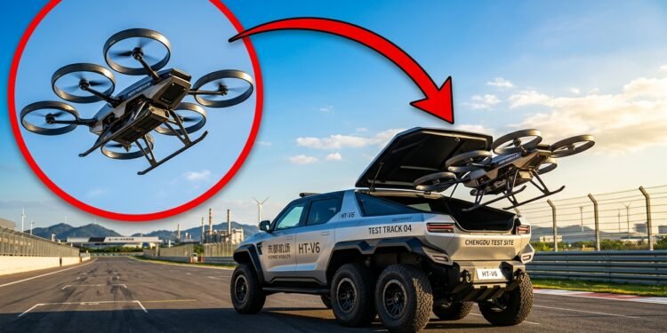 Composição mostrando carro voador de seis rodas com módulo aéreo saindo da traseira e destaque circular do módulo voando