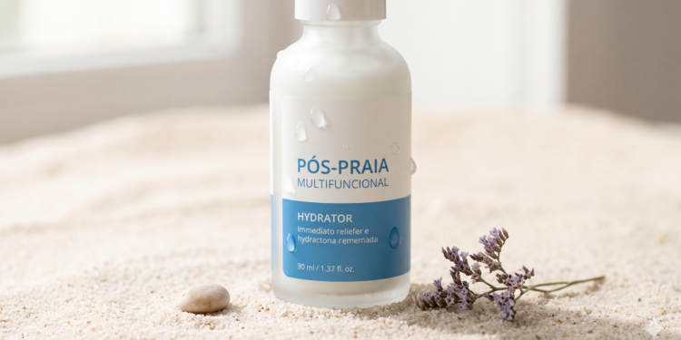 Frasco de produto pós-praia multifuncional sobre areia clara, com gotas de água, ao lado de uma pequena pedra e flores secas, destacando a hidratação da pele.