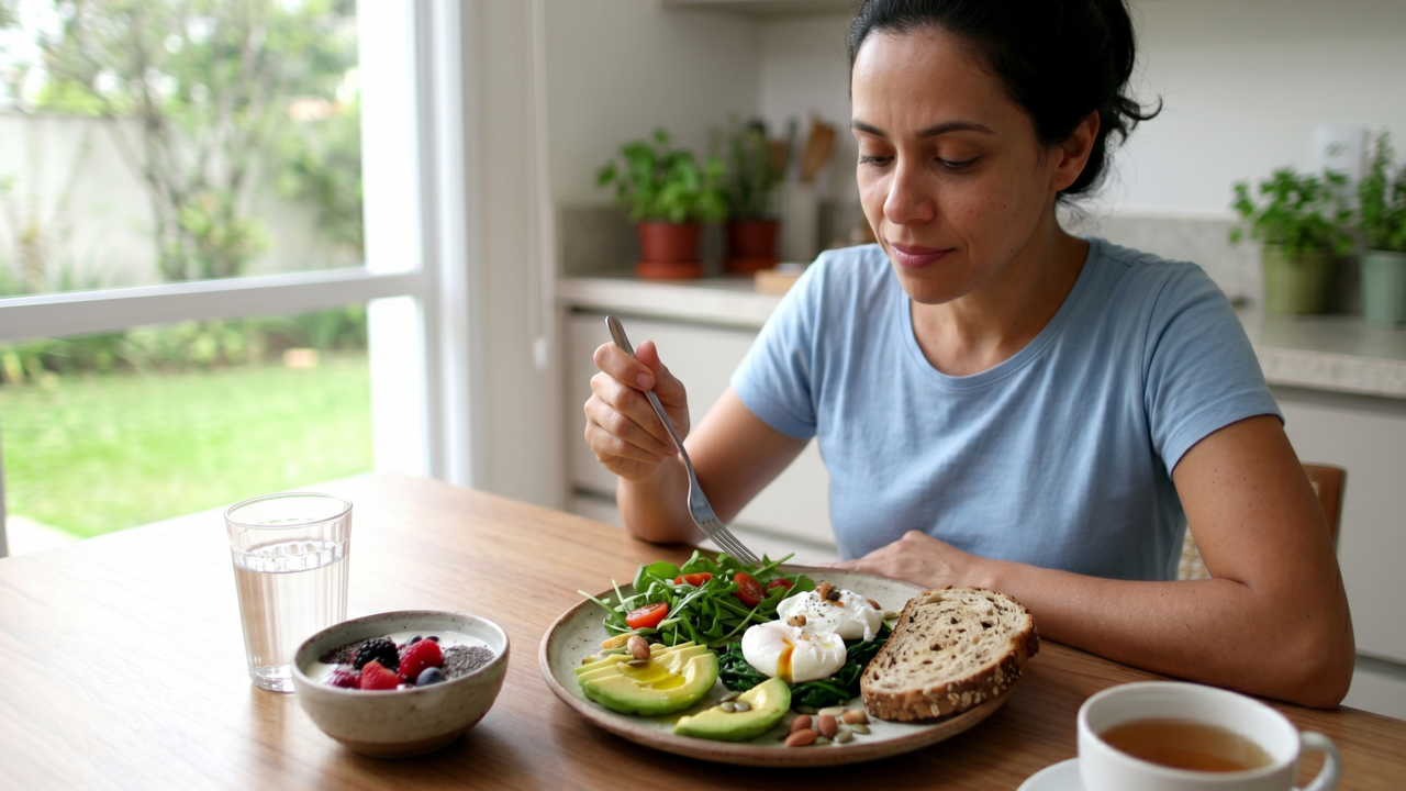 Nutricionista explica: o café da manhã que ajuda a controlar a fome não começa com suco e torrada, começa com proteína e fibra de verdade