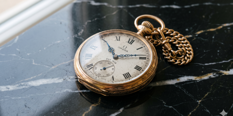 Relógio de bolso antigo da marca Omega em ouro, com corrente, posicionado sobre uma superfície de mármore preto com veios brancos, destacando a elegância clássica.