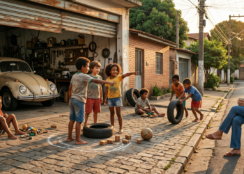 Um fim de tarde de infância parecia uma garagem aberta, primos e vizinhos decidindo tudo sem consultar adultos e as horas vazias que ensinavam convivência sem parecer lição