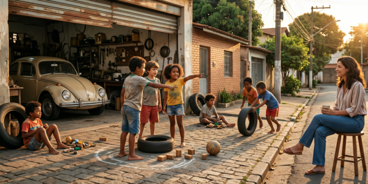 Um fim de tarde de infância parecia uma garagem aberta, primos e vizinhos decidindo tudo sem consultar adultos e as horas vazias que ensinavam convivência sem parecer lição