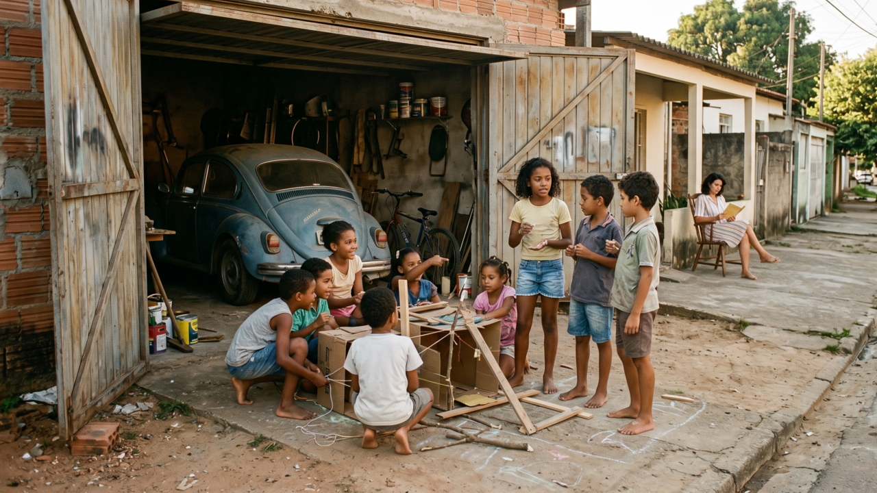 Um fim de tarde de infância parecia uma garagem aberta, primos e vizinhos decidindo tudo sem consultar adultos e as horas vazias que ensinavam convivência sem parecer lição