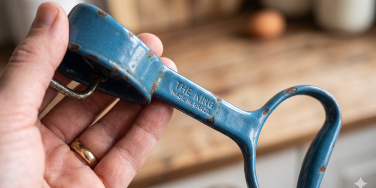 Mão segurando utensílio de cozinha vintage de metal azul com inscrição "THE KING MADE IN BRAZIL", apresentando marcas de desgaste e ferrugem.