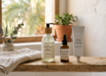 Produtos de skincare pós-sol alinhados sobre bancada de madeira rústica, incluindo gel calmante, óleo facial e creme de recuperação corporal.