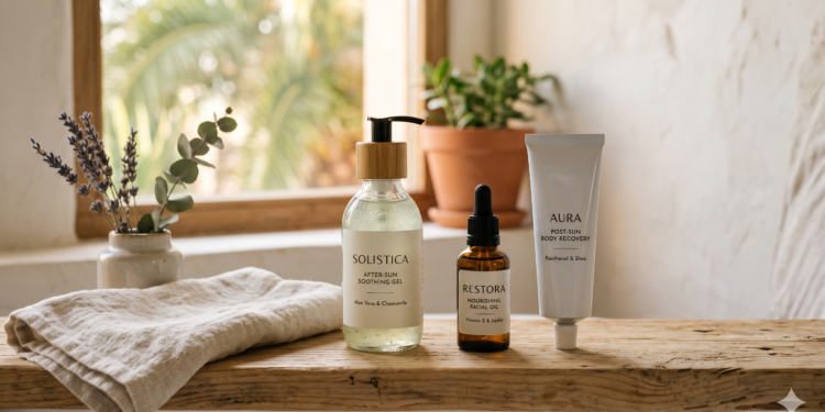 Produtos de skincare pós-sol alinhados sobre bancada de madeira rústica, incluindo gel calmante, óleo facial e creme de recuperação corporal.