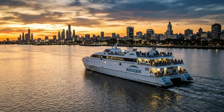Maior navio elétrico do mundo, um ferry catamarã de 130 metros, navegando no Rio da Prata ao entardecer